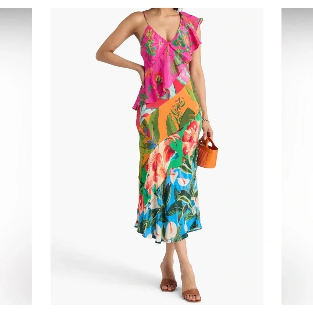 Farm Rio Ruffled Floral Print Satin Crepe De Chine Midi Dress Size Small